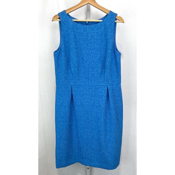 NWT ANN TAYLOR Sleeveless Sheath Shift Dress Textured Filigree Blue Size 12 - Picture 9 of 9